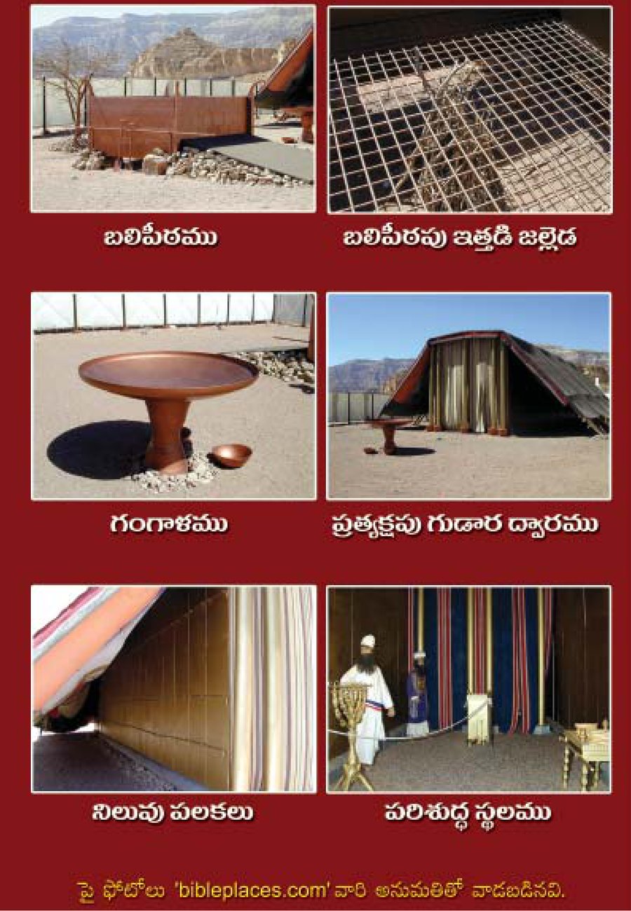 Photographs: the brazen altar, its bronze grate, the laver, the door of the Tabernacle, the upright boards and the Holy Place