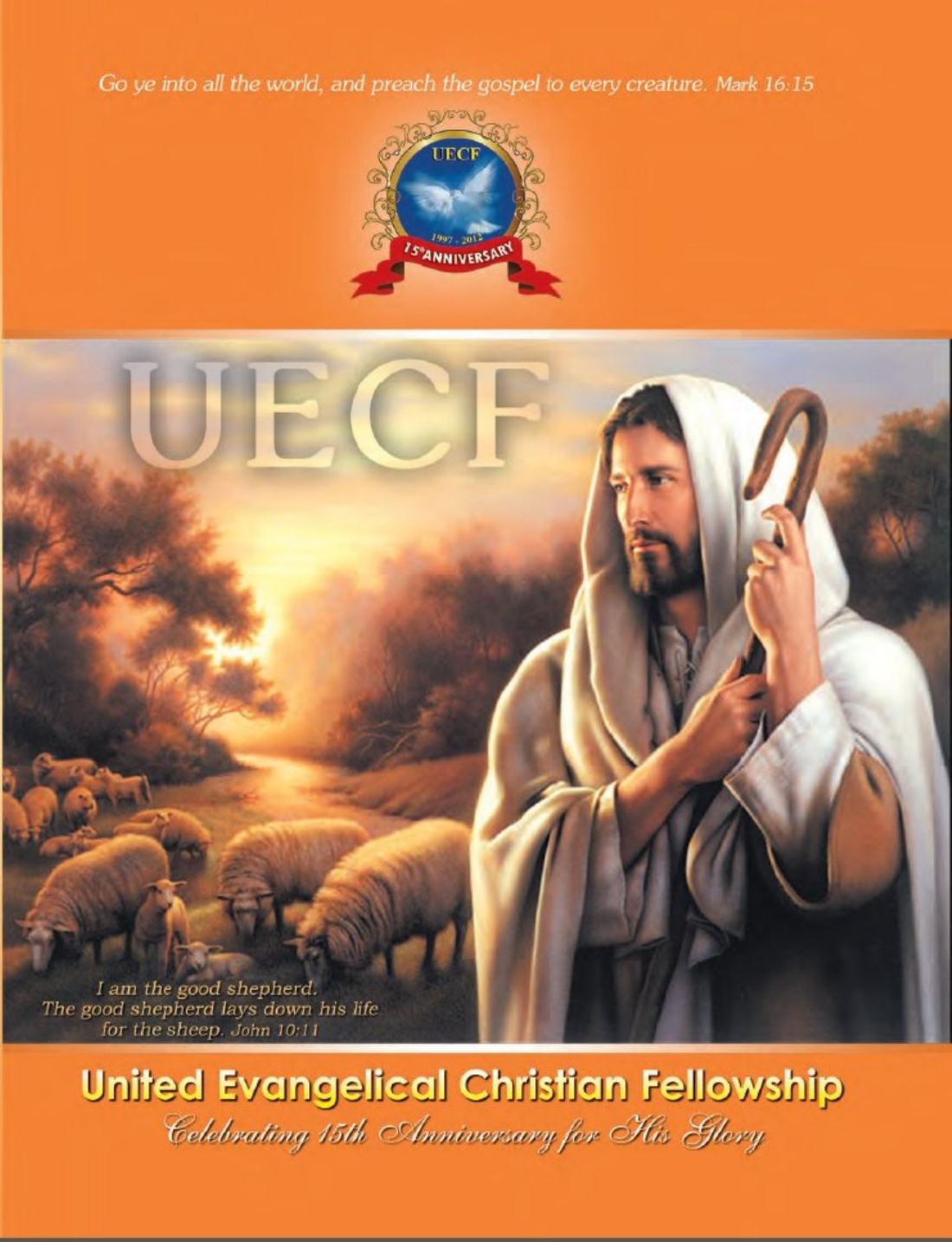 Cover of the UECF 15th Anniversary Souvenir showing Christ the Good Shepherd