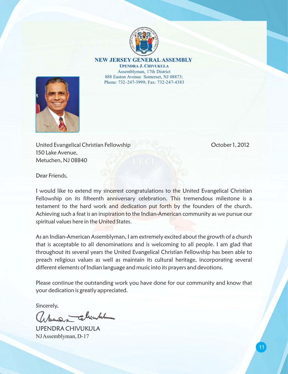 Congratulatory message on page 11 of the UECF 15th Anniversary Souvenir