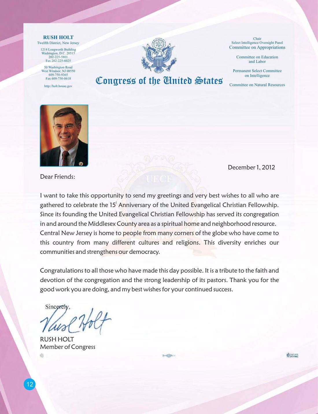 Congratulatory message on page 12 of the UECF 15th Anniversary Souvenir