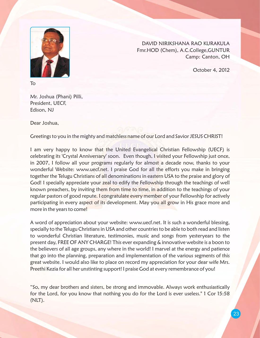Congratulatory message on page 23 of the UECF 15th Anniversary Souvenir