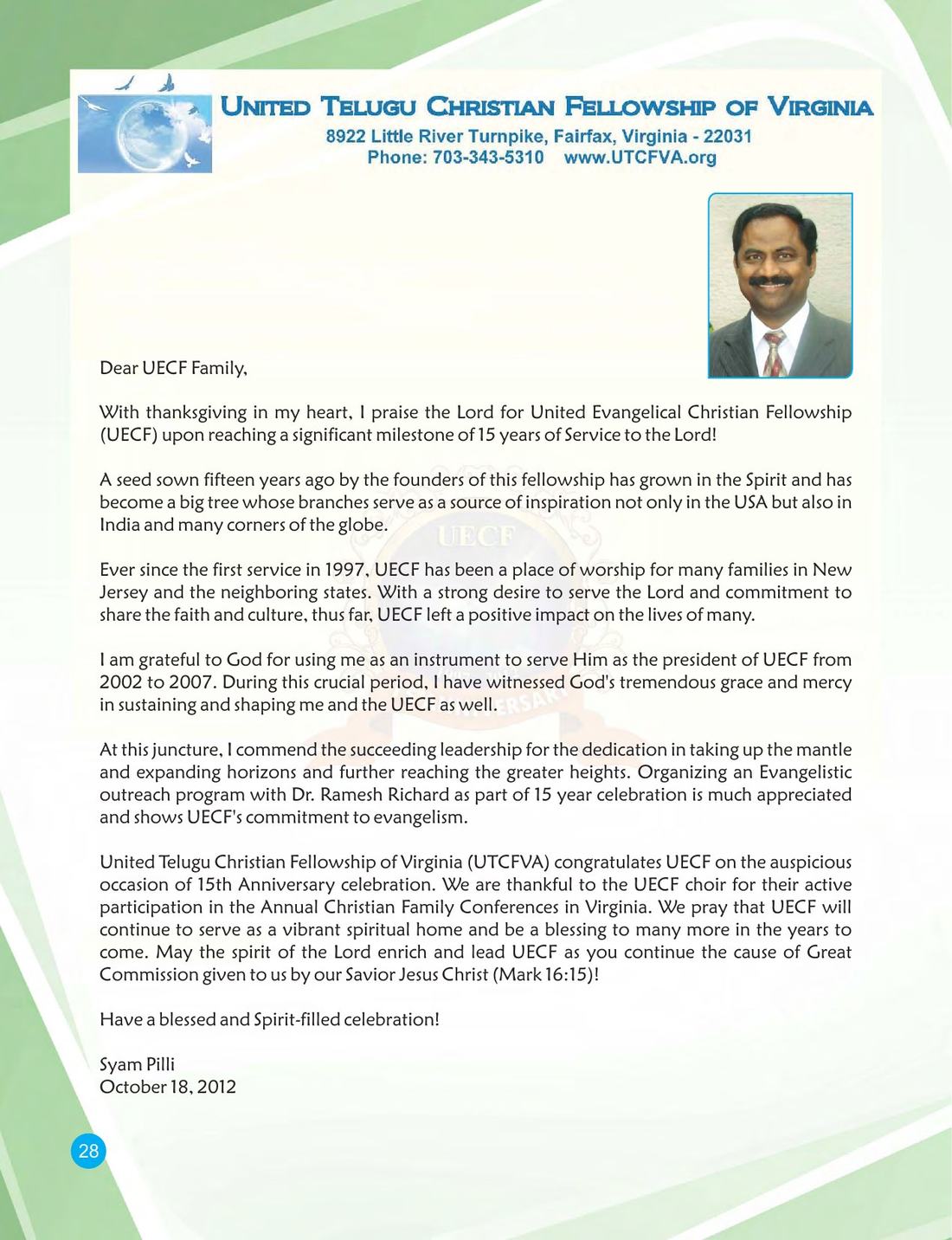 Congratulatory message on page 28 of the UECF 15th Anniversary Souvenir