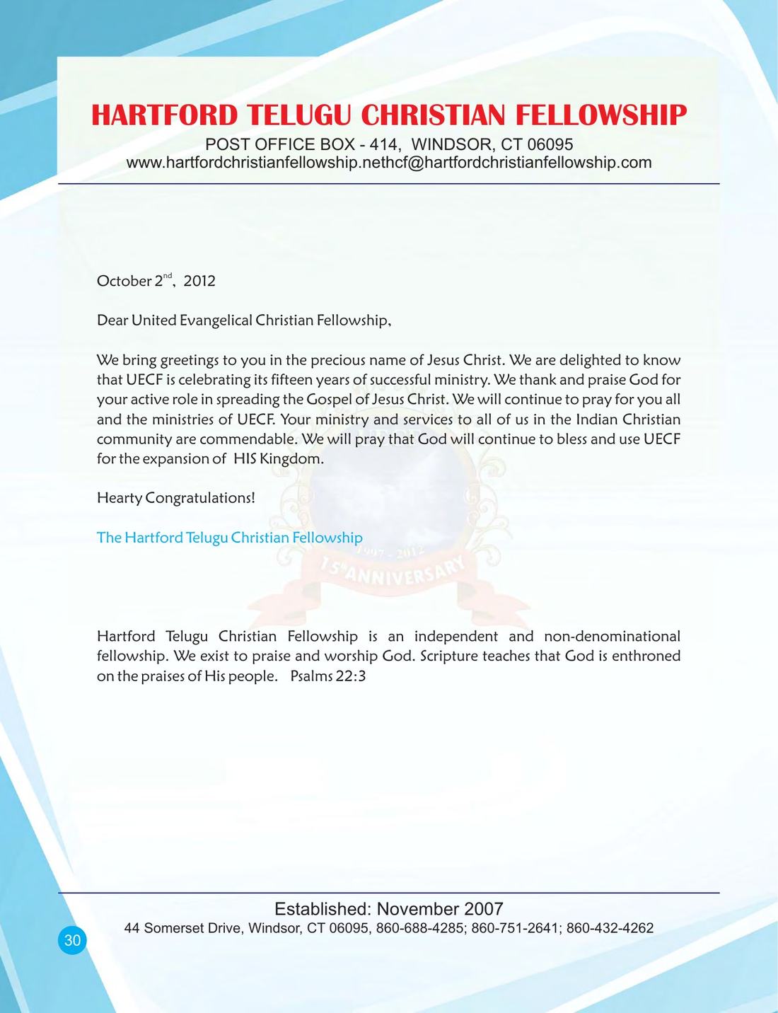 Congratulatory message on page 30 of the UECF 15th Anniversary Souvenir