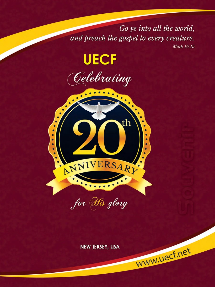 Cover of the UECF 20th Anniversary Souvenir: a gold 20th anniversary emblem on a maroon background with the words ‘UECF Celebrating 20th Anniversary for His glory’.