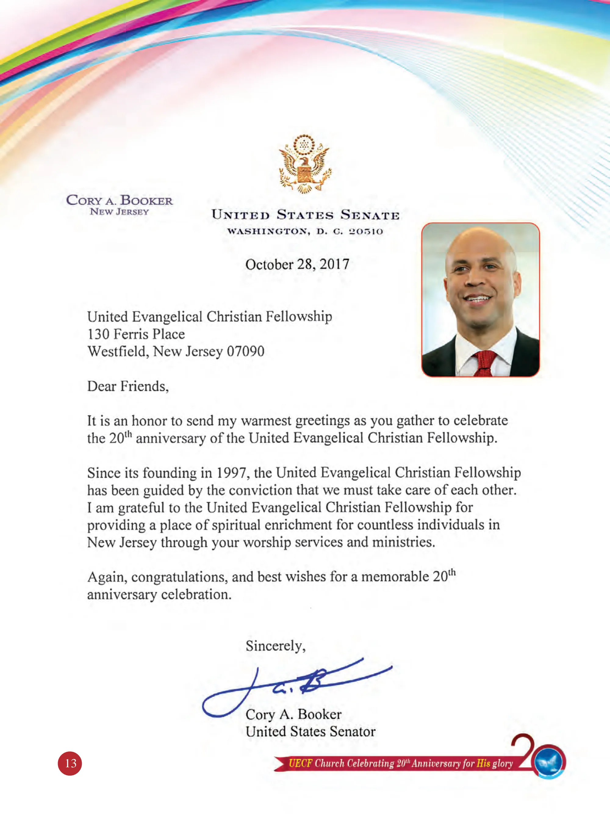 Mr. Cory Booker — souvenir page 13