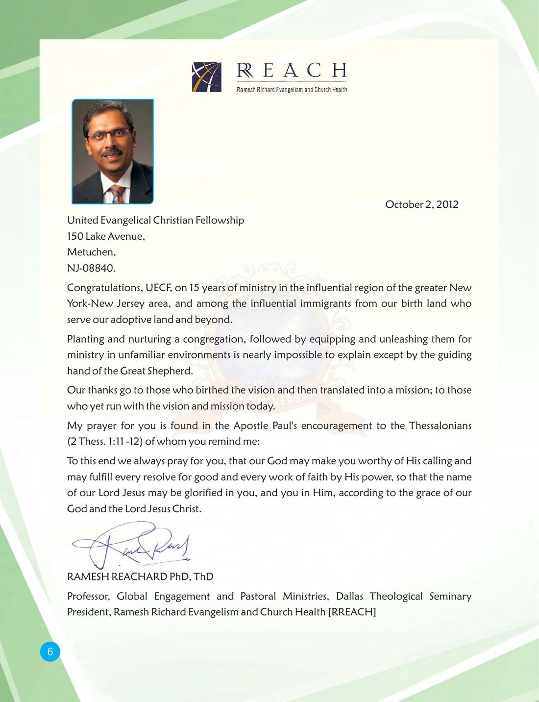 Congratulatory message on page 6 of the UECF 15th Anniversary Souvenir
