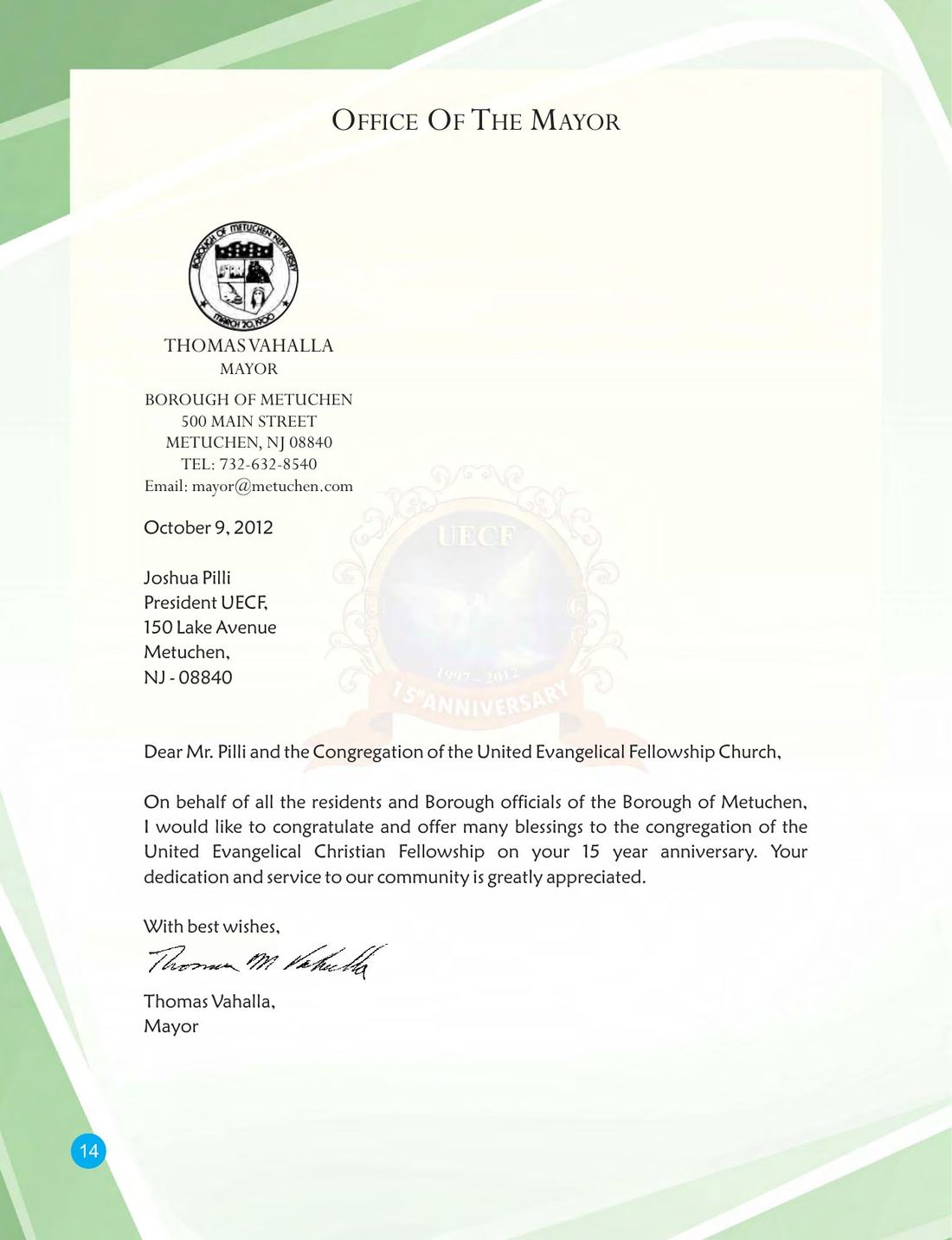 Congratulatory message on page 14 of the UECF 15th Anniversary Souvenir