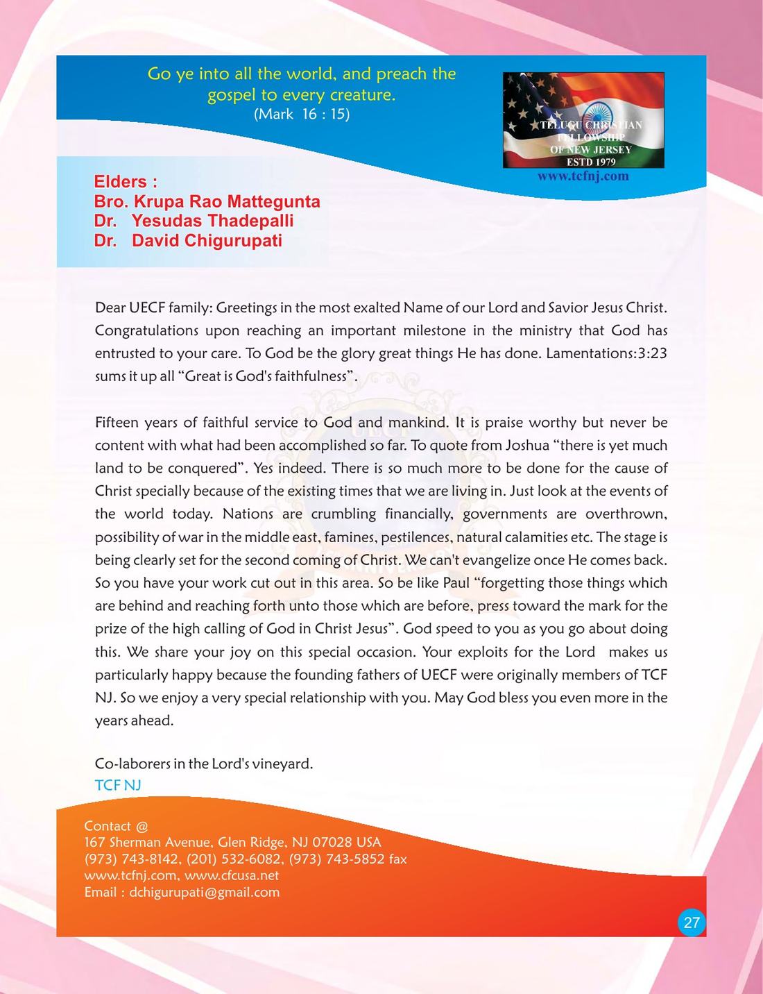 Congratulatory message on page 27 of the UECF 15th Anniversary Souvenir