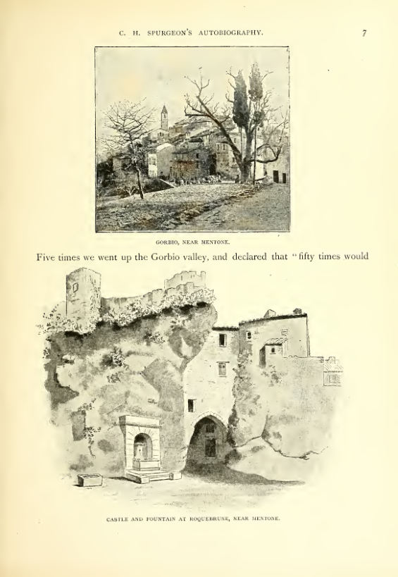 GORBIO, NEAR JIEKTONE. Five times we went up the Gorbio valley, and declared that "fifty times would CASTLE AND FOUNTAIN AT ROQUEBRUNE, NEAR MENTONE
