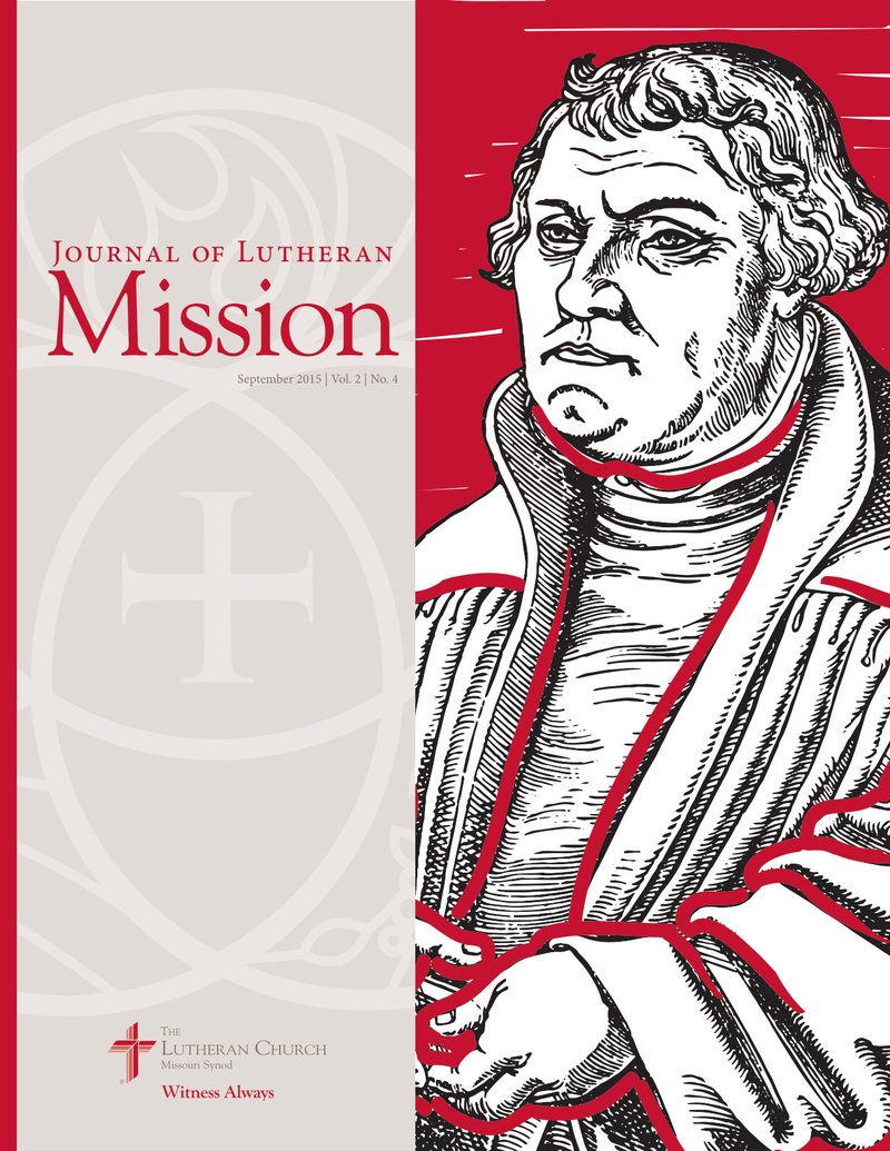 Front cover of the Journal of Lutheran Mission, September 2015, Vol. 2, No. 4, with a red-tinted woodcut portrait of Martin Luther
