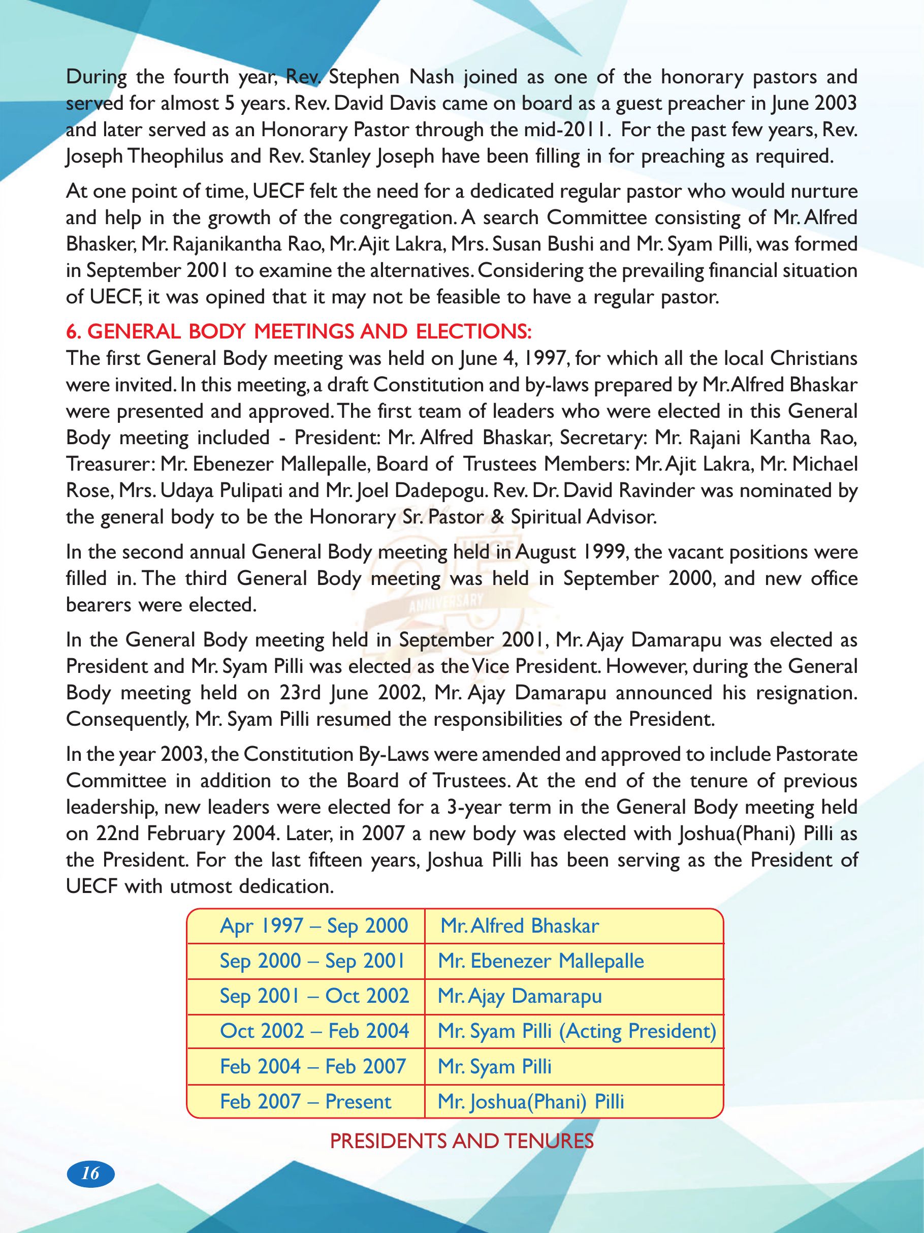 Page 16 of the UECF Silver Jubilee Souvenir