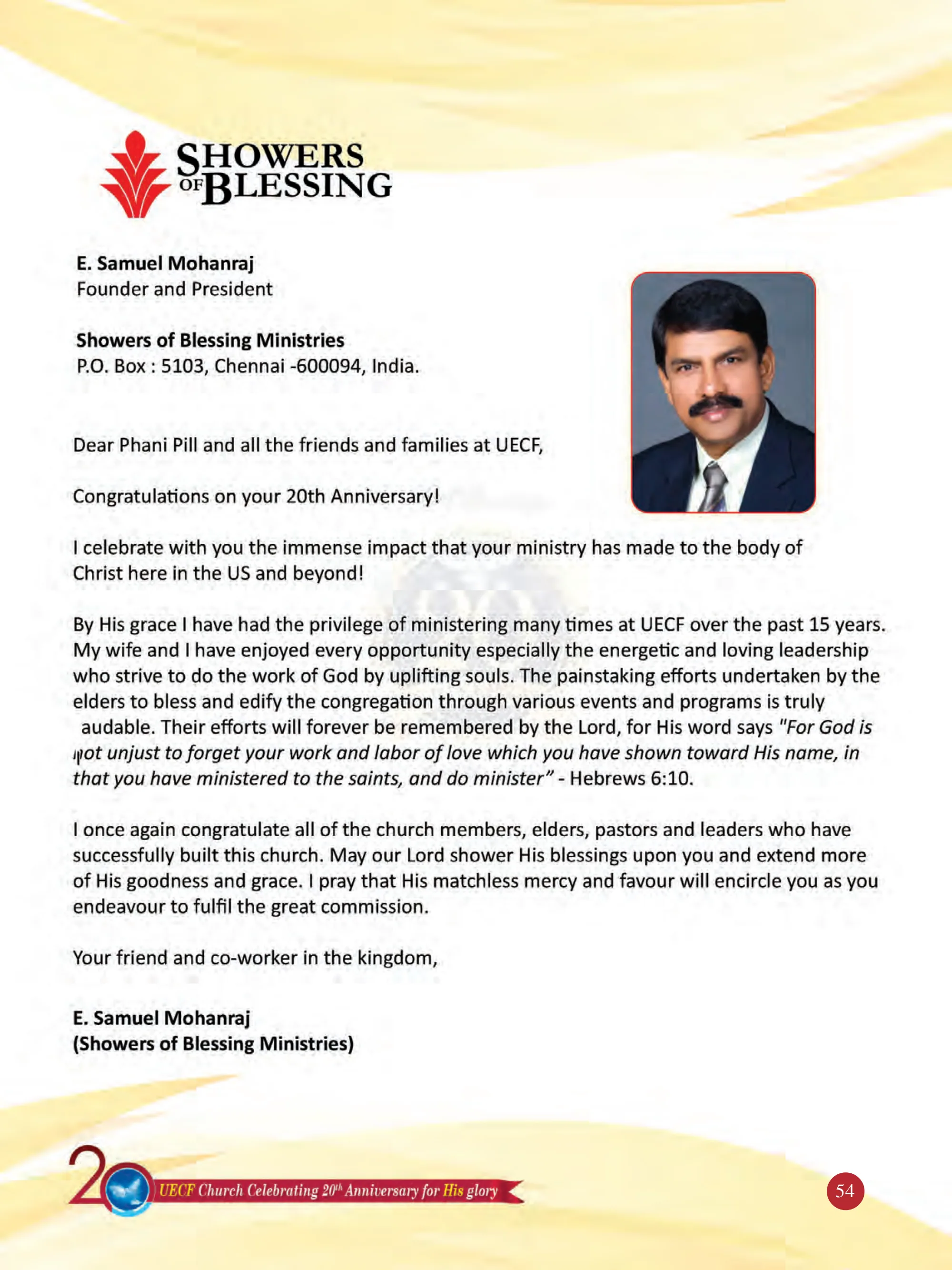 Rev. Dr. E. Samuel Mohanraj — souvenir page 54