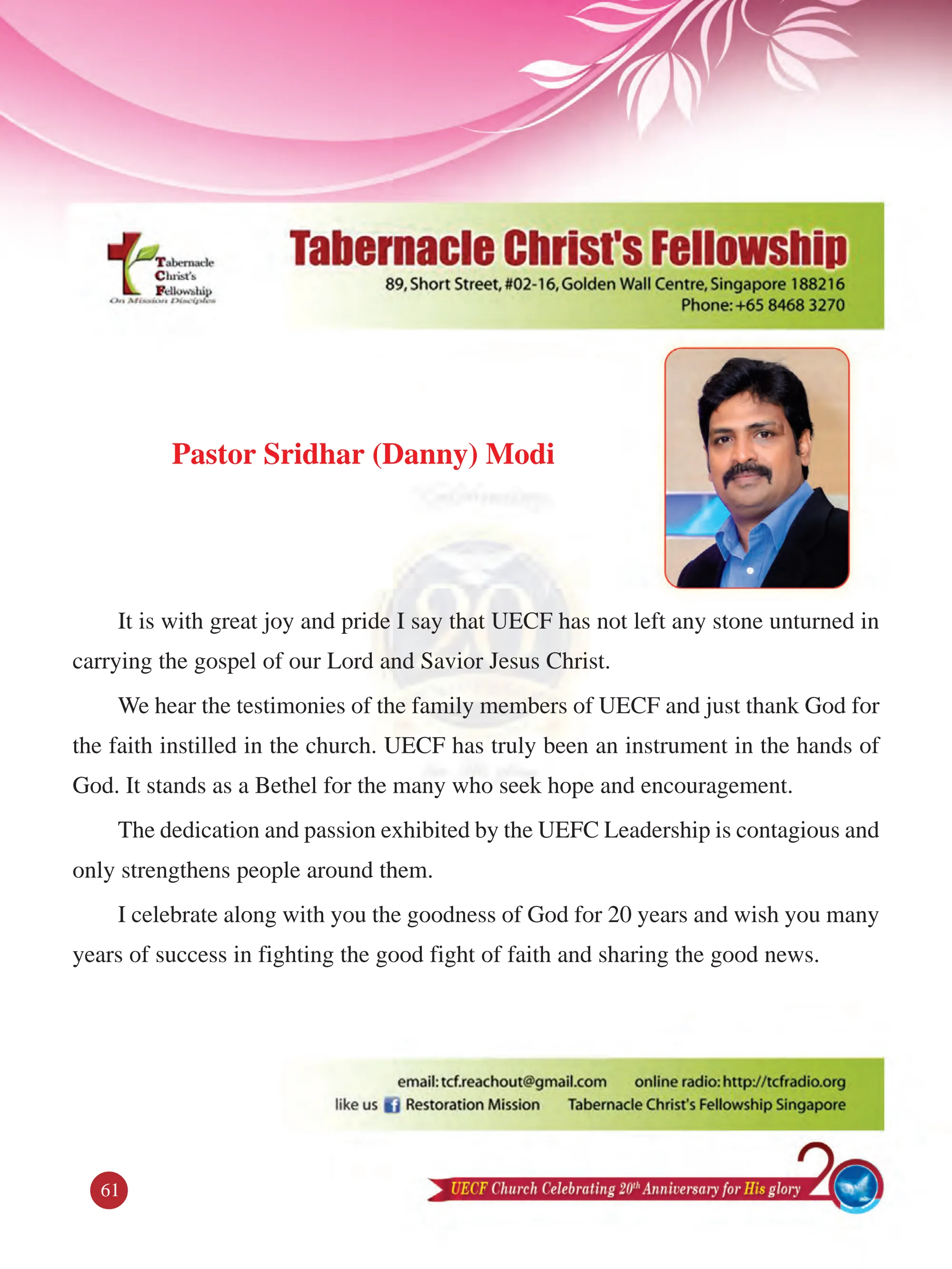 Pastor Sridhar (Danny) Modi — original souvenir page 61