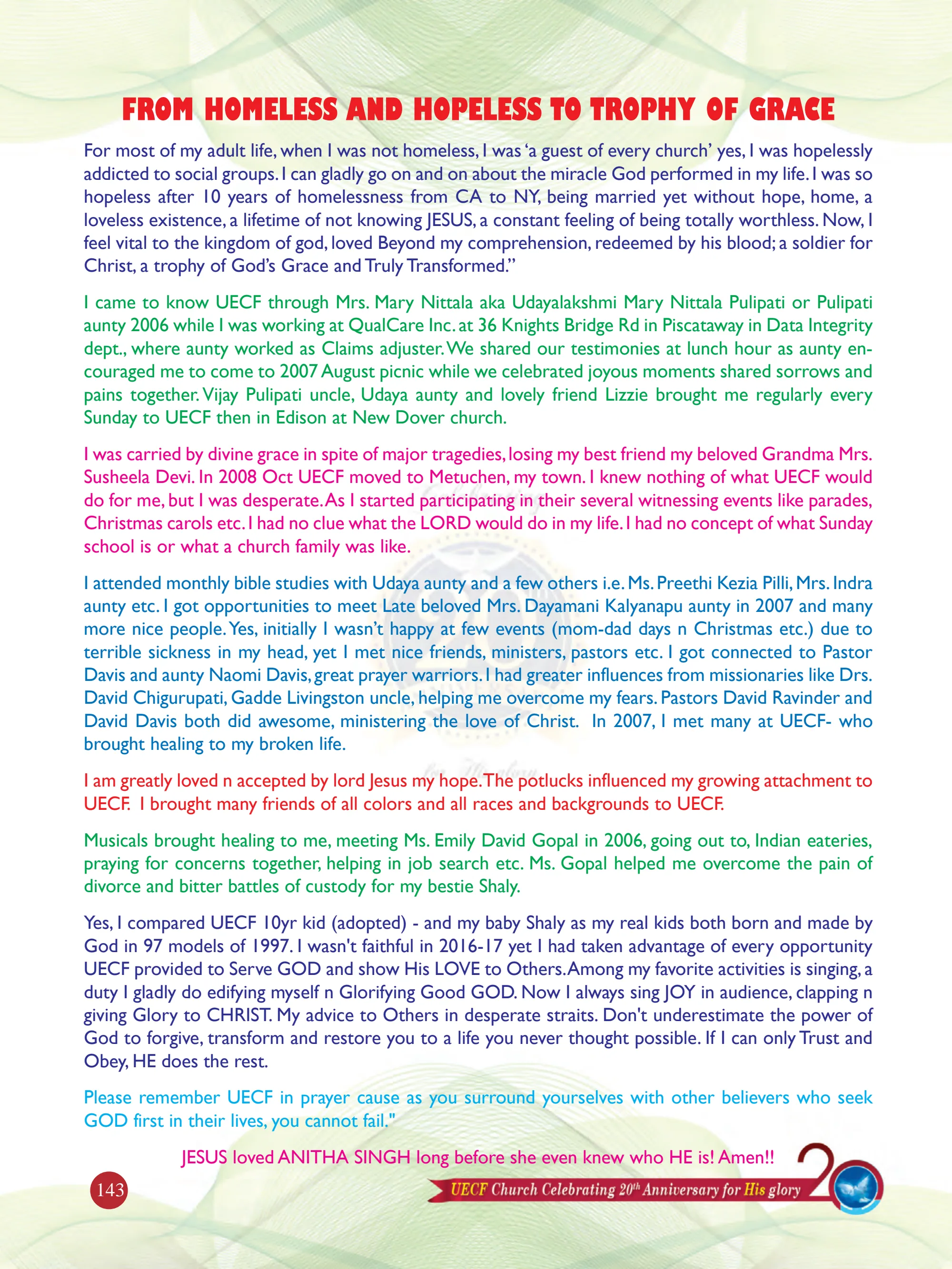 From Homeless and Hopeless to Trophy of Grace — original souvenir page 143